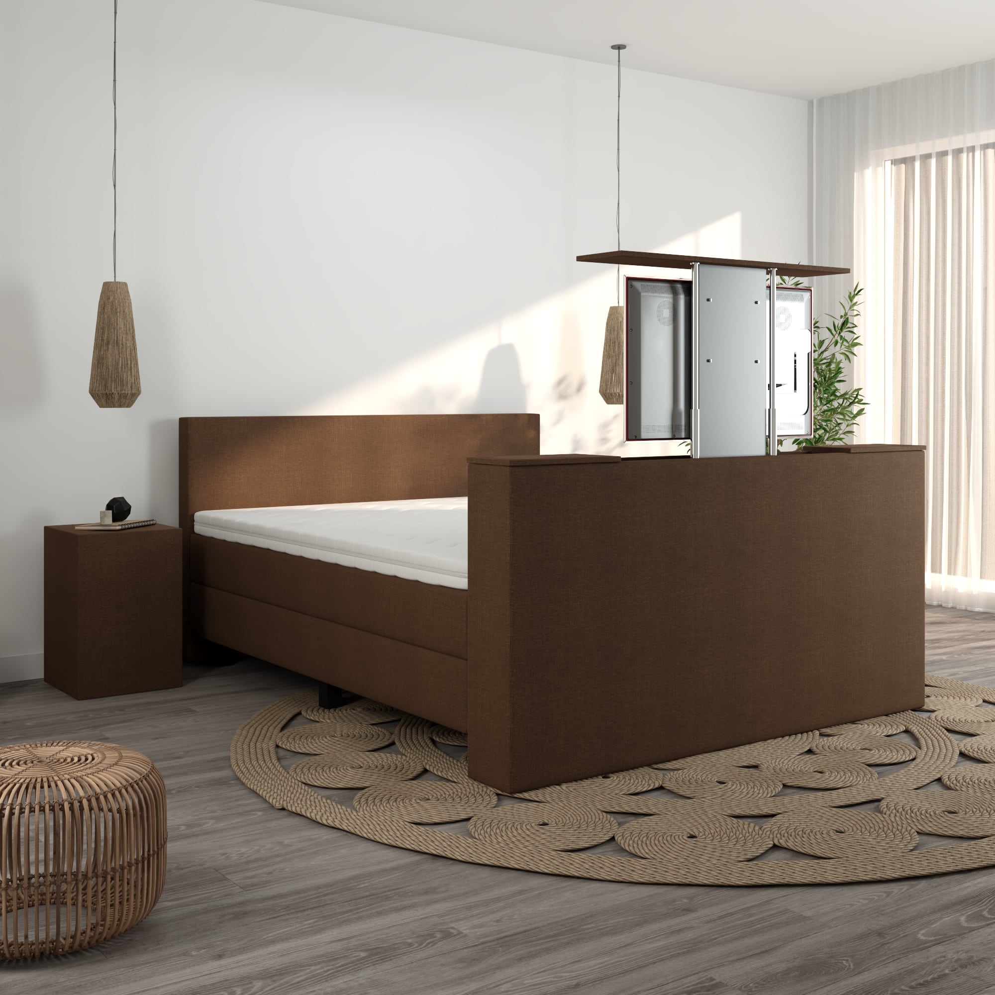 Boxspring luxury gevene met tv-lift bruin